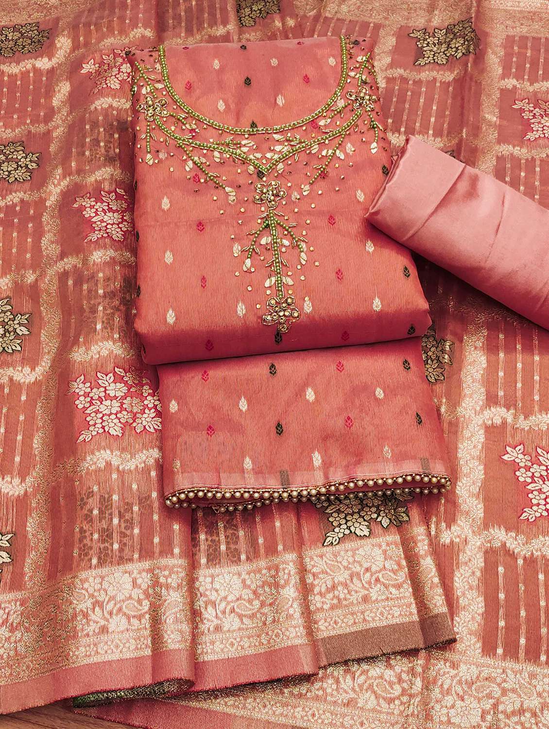 women self design embroidered unstitched suit set