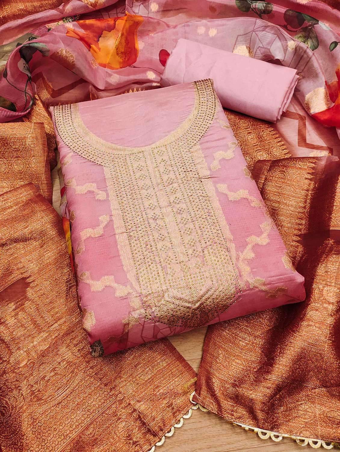 women self design embellished unstitched suit set