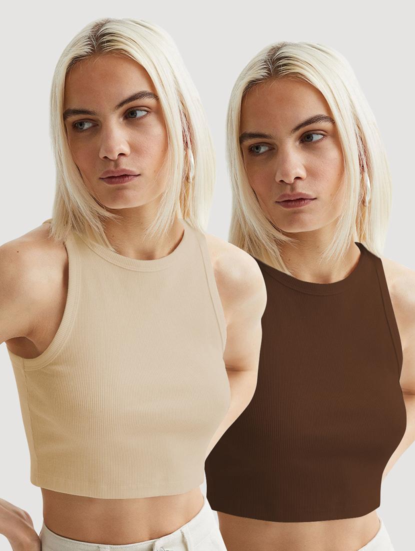 women pack of 2 solid sleveeless crop top - 22018859 -  Zoom Image - 0