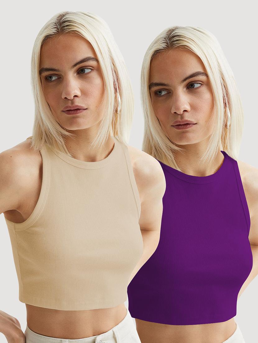women pack of 2 solid sleveeless crop top