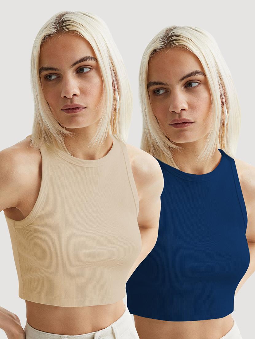 women pack of 2 solid sleeveless crop top