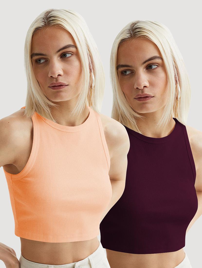 women pack of 2 solid sleeveless crop top