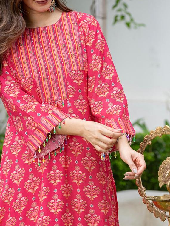 women printed three quarter sleeve kurta palazzo set - 22018880 - Standard Image - 5
