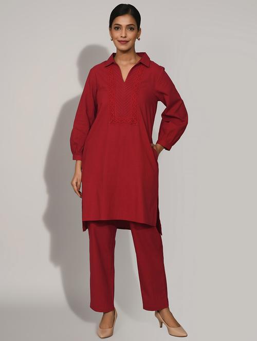 women solid with work long sleeve ethnic co-ord set - 22018895 - Standard Image - 0