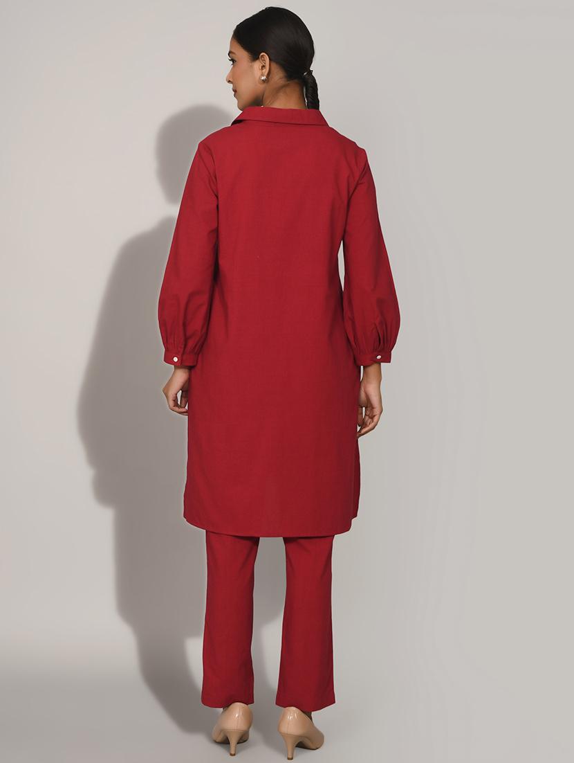 women solid with work long sleeve ethnic co-ord set - 22018895 - Standard Image - 3