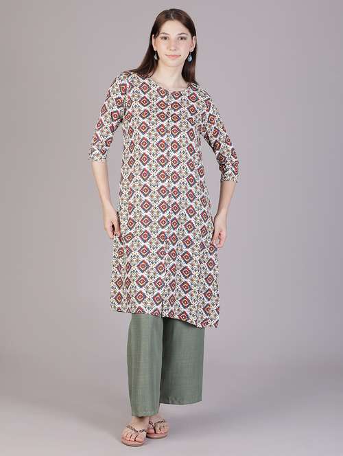 women printed three quarter sleeve a-line kurta - 22018899 - Standard Image - 0