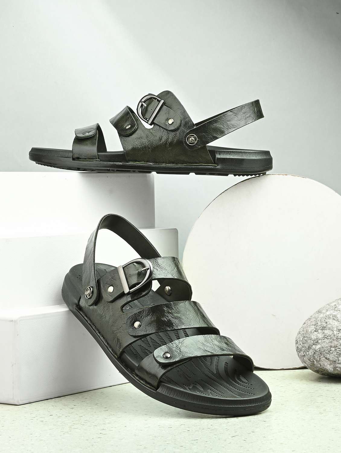 men's olive synthetic leather slip on sandal - 22018915 - Zoom Image - 0