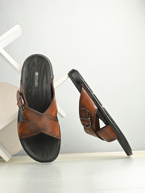 tan solid synthetic leather slip-on sandals - 22018917 -  Standard Image - 0