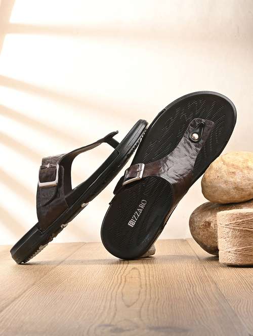 men's solid brown synthetic leather slip-on sandal - 22018918 - Standard Image - 0