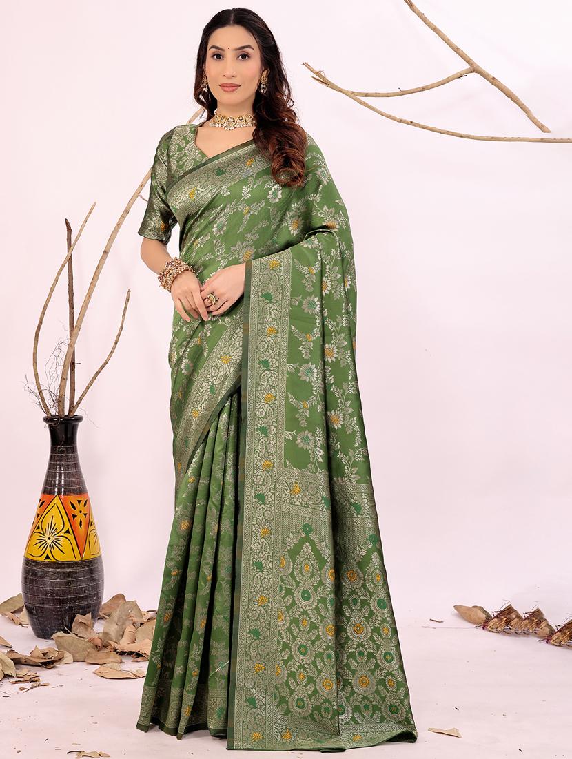 olive silk kanjivaram saree with blouse - 22018970 - Zoom Image - 0