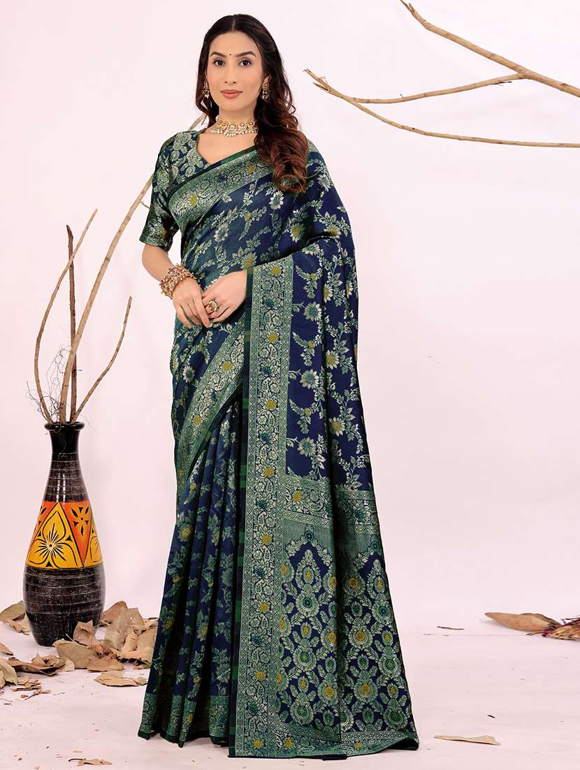 navy blue silk kanjivaram saree with blouse