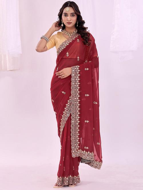 women solid with work embroidered saree with blouse - 22019210 -  Standard Image - 0