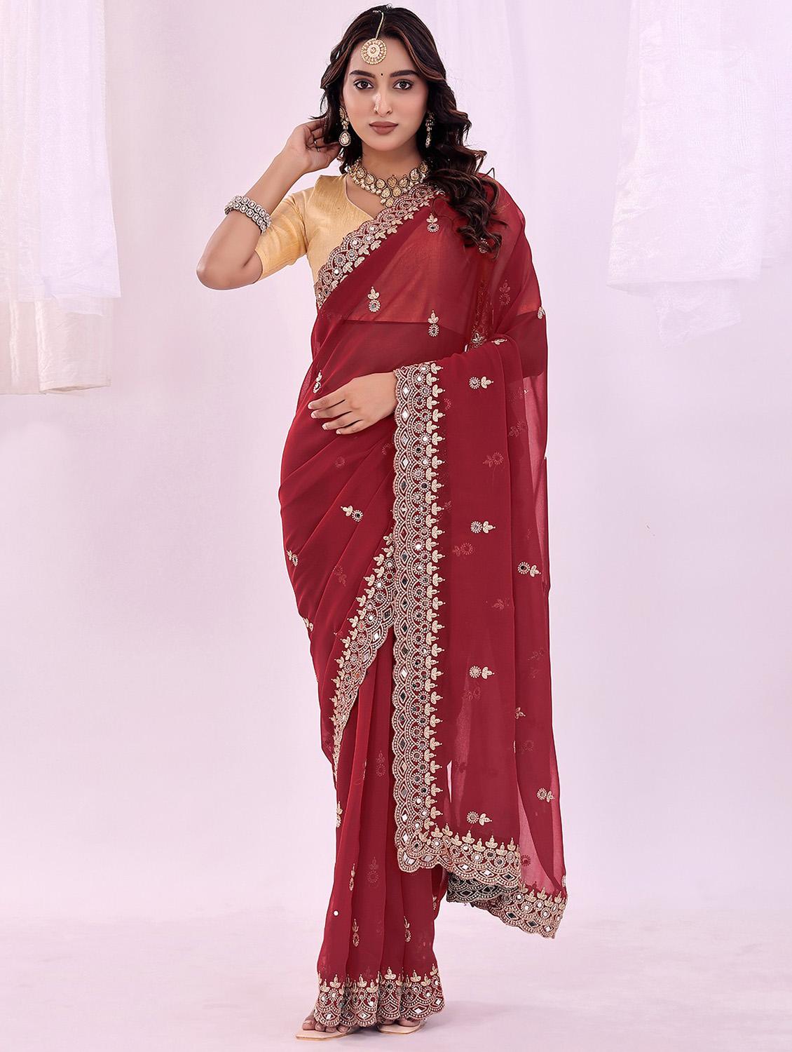 women solid with work embroidered saree with blouse - 22019210 -  Zoom Image - 0