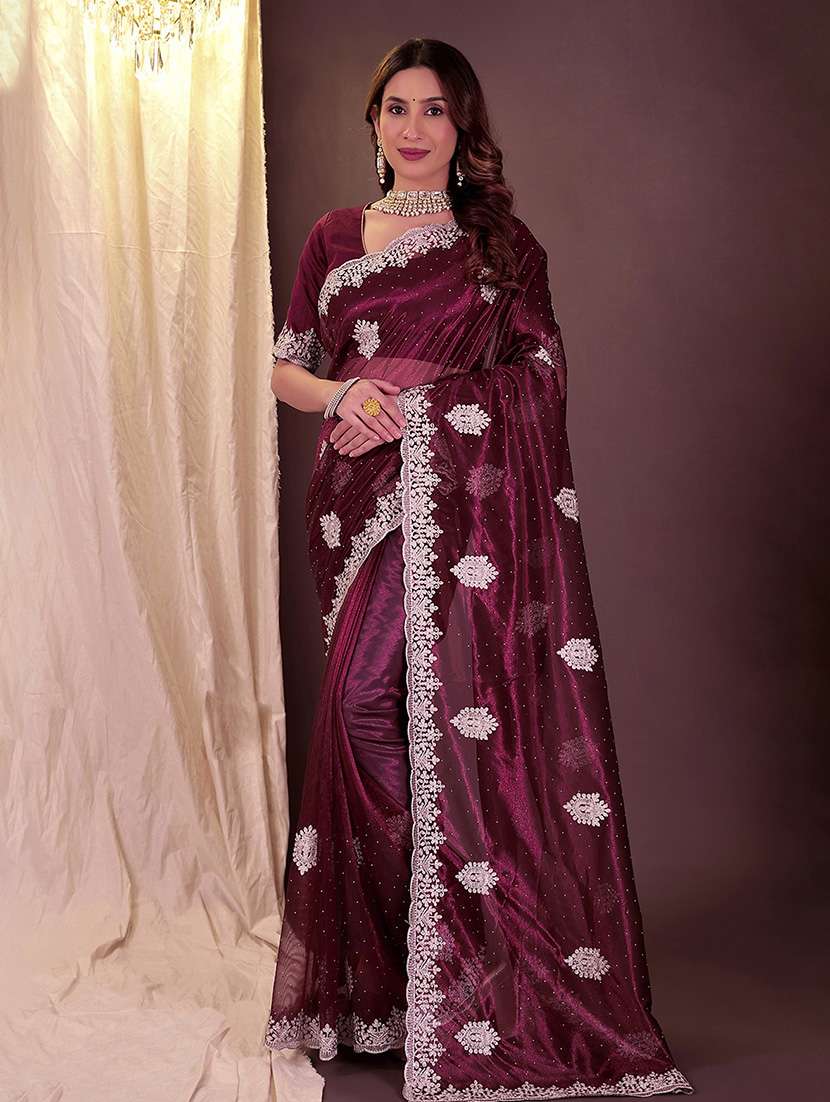 women solid with work embroidered saree with blouse - 22019239 - Zoom Image - 0