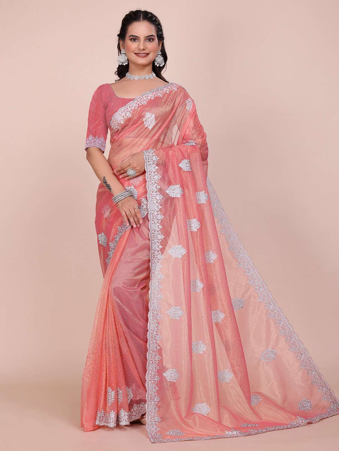 women solid with work embroidered saree with blouse