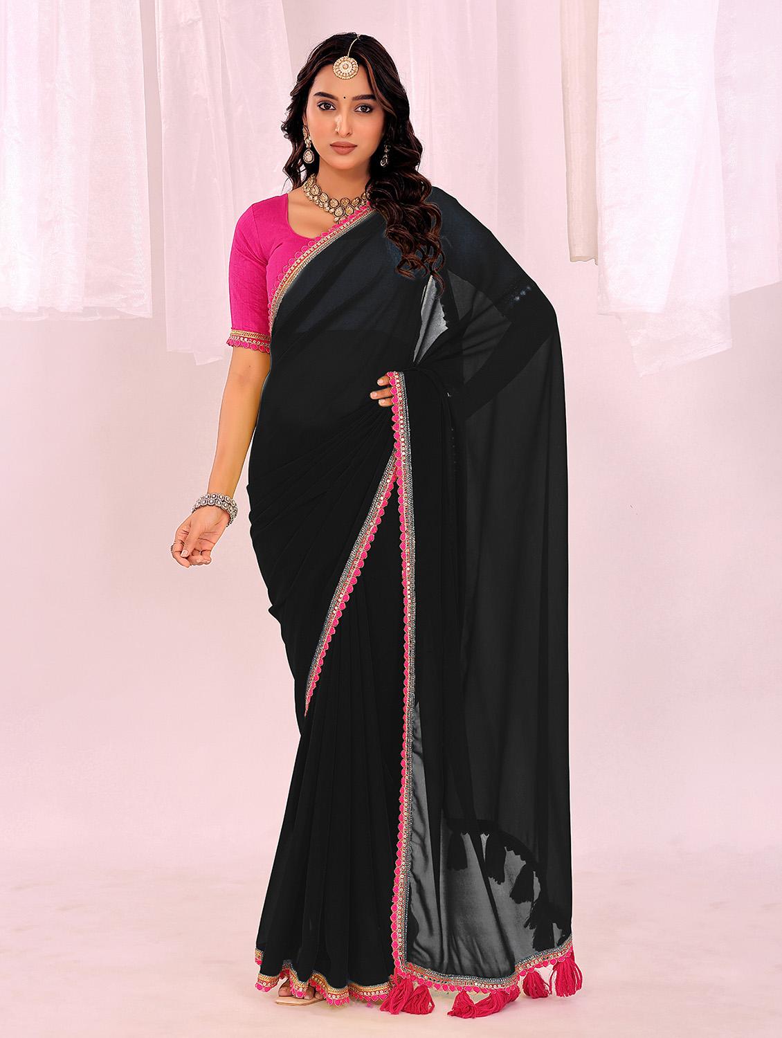 women solid with bordered saree with blouse - 22019263 - Zoom Image - 0