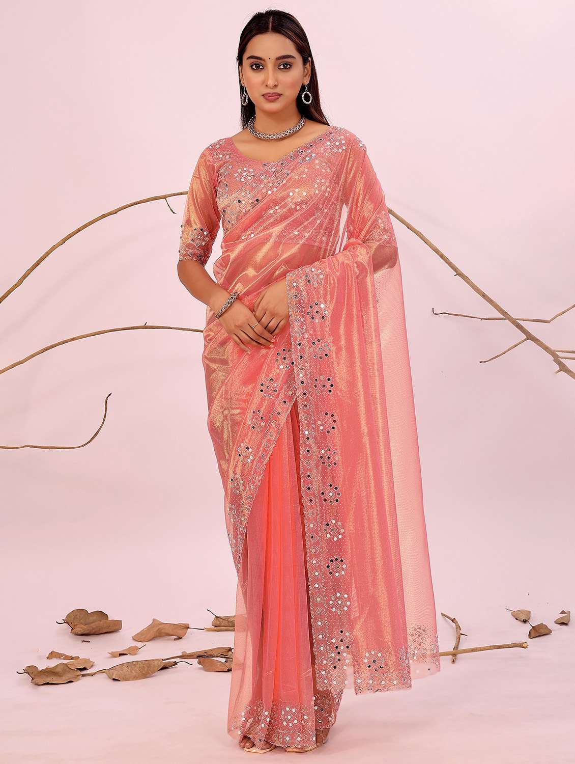 women solid with work embellished saree with blouse