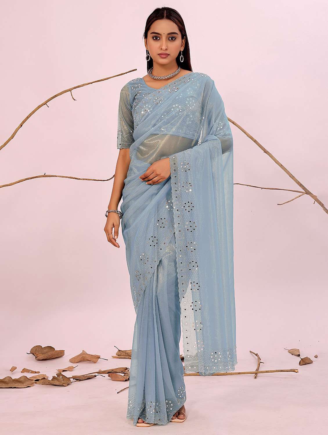 women solid with work embellished saree with blouse
