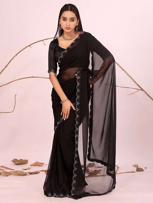 women solid with bordered embellished saree with blouse - 22019289 -  Standard Image - 0