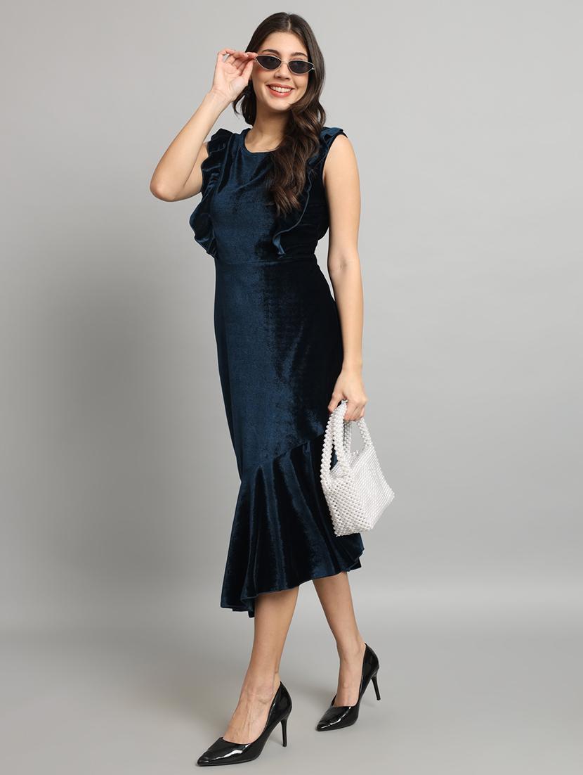 women solid sleeveless velvet tiered dress - 22019316 - Standard Image - 3