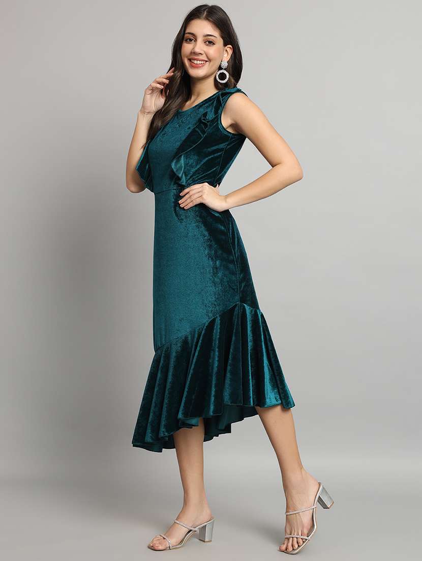 women solid sleeveless velvet tiered dress - 22019317 -  Standard Image - 3