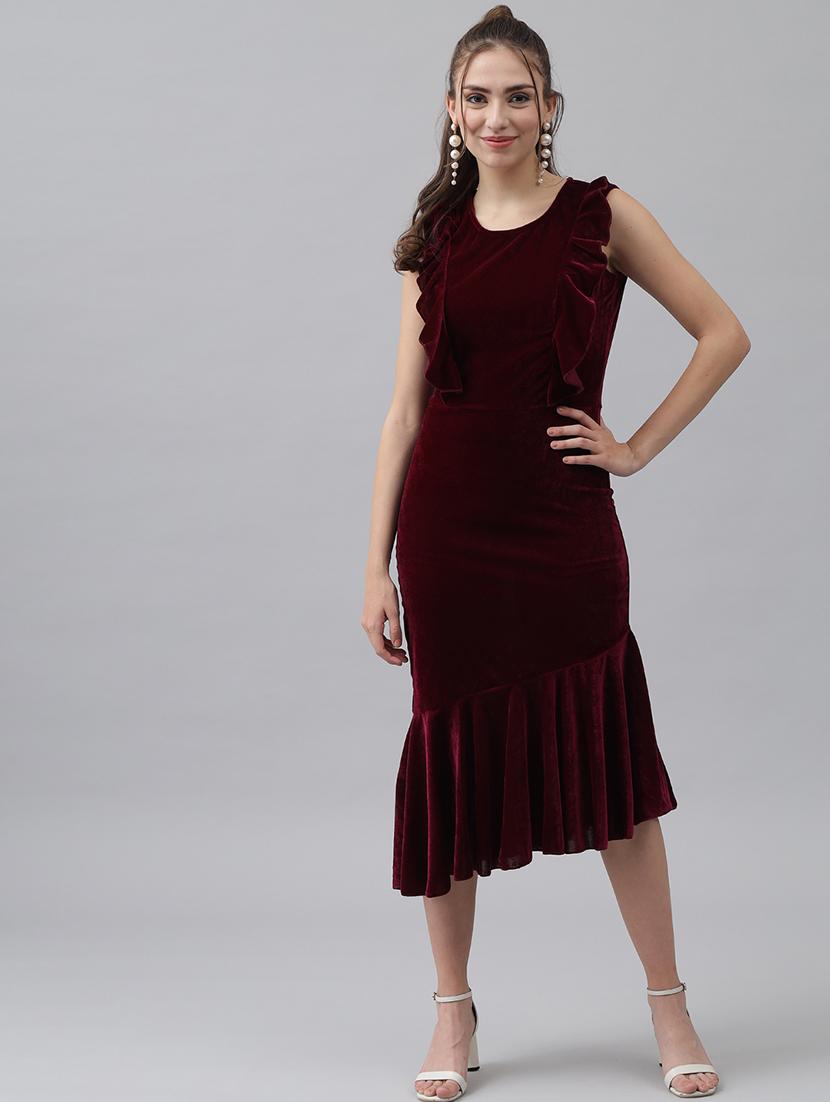 women solid sleeveless velvet tiered dress
