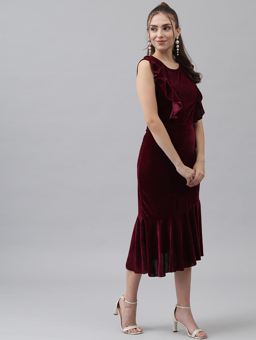 women solid sleeveless velvet tiered dress - 22019319 - Standard Image - 3