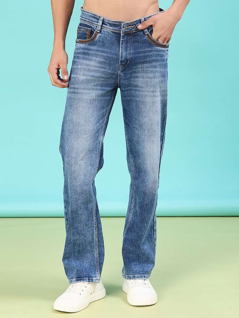 men washed mid rise full length jeans