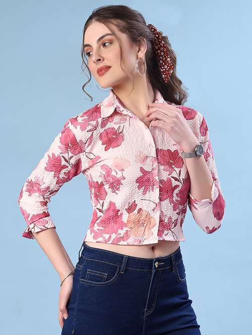 women printed collared three quarter sleeve crop shirt - 22019583 -  Standard Image - 0