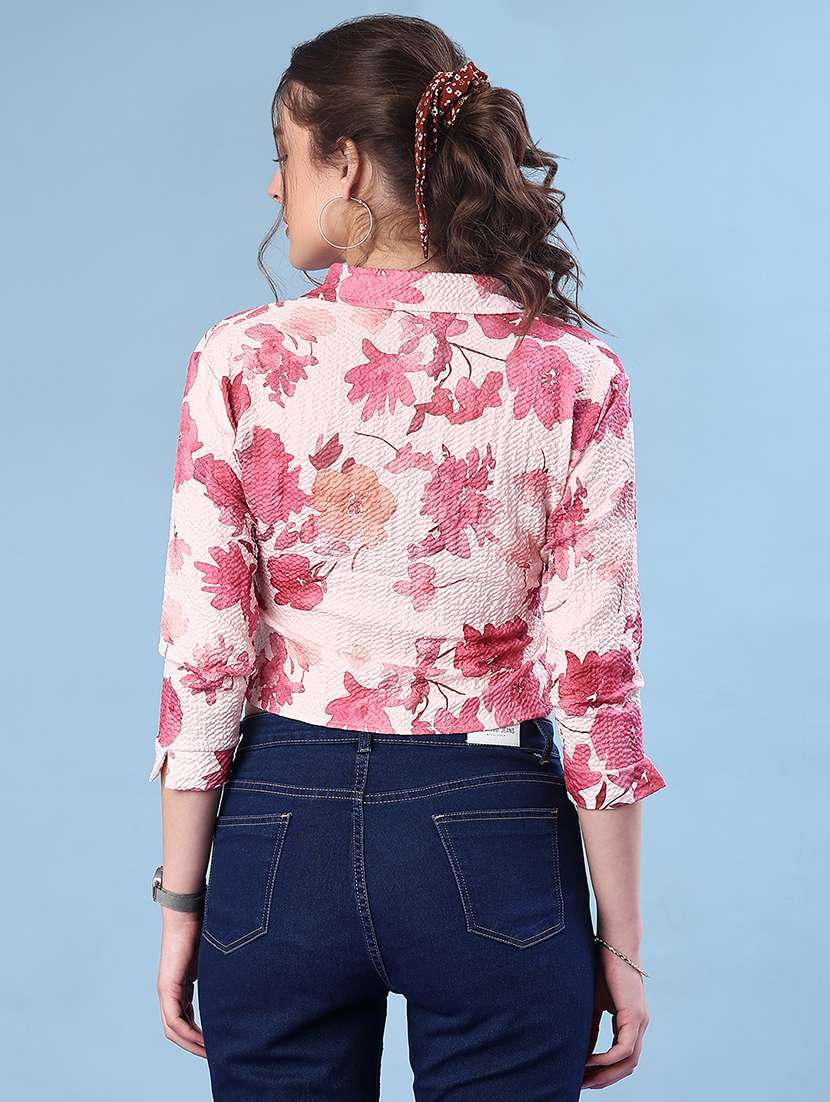 women printed collared three quarter sleeve crop shirt - 22019583 -  Standard Image - 3