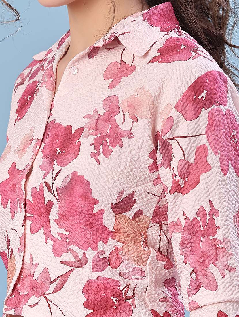 women printed collared three quarter sleeve crop shirt - 22019583 -  Standard Image - 5