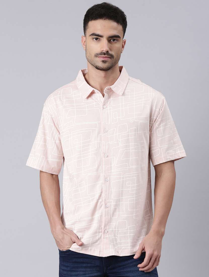 men printed collared short sleeves casual shirt
