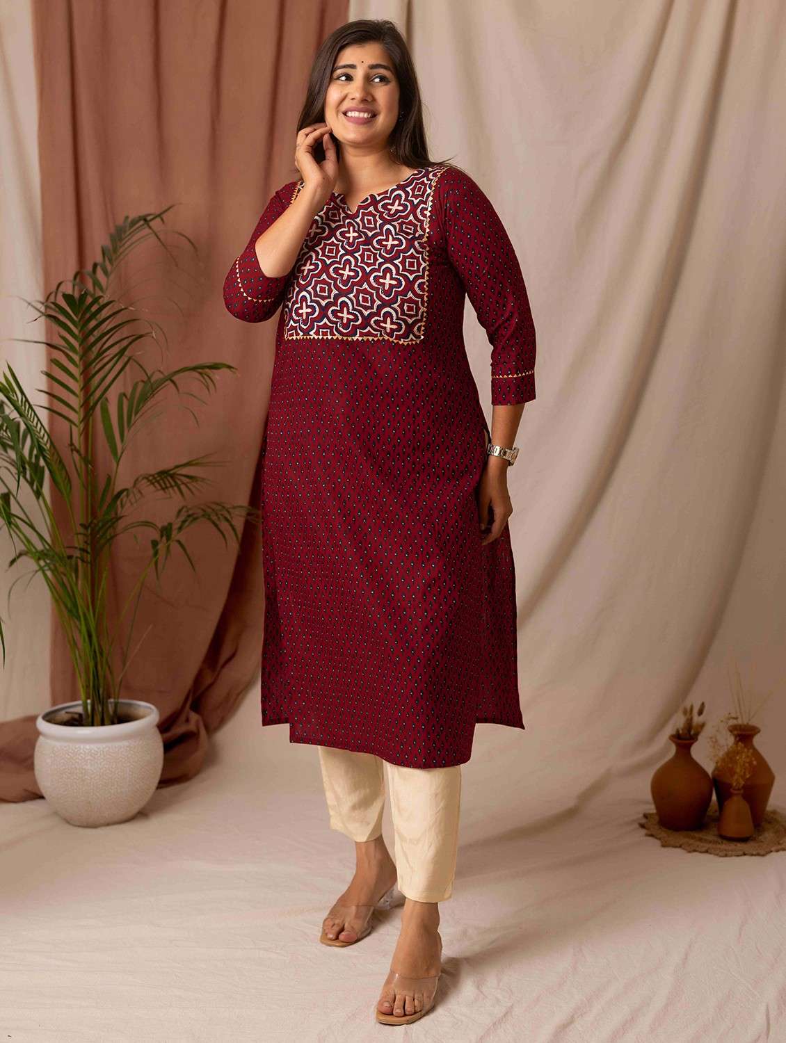 women printed three quarter sleeve straight kurta