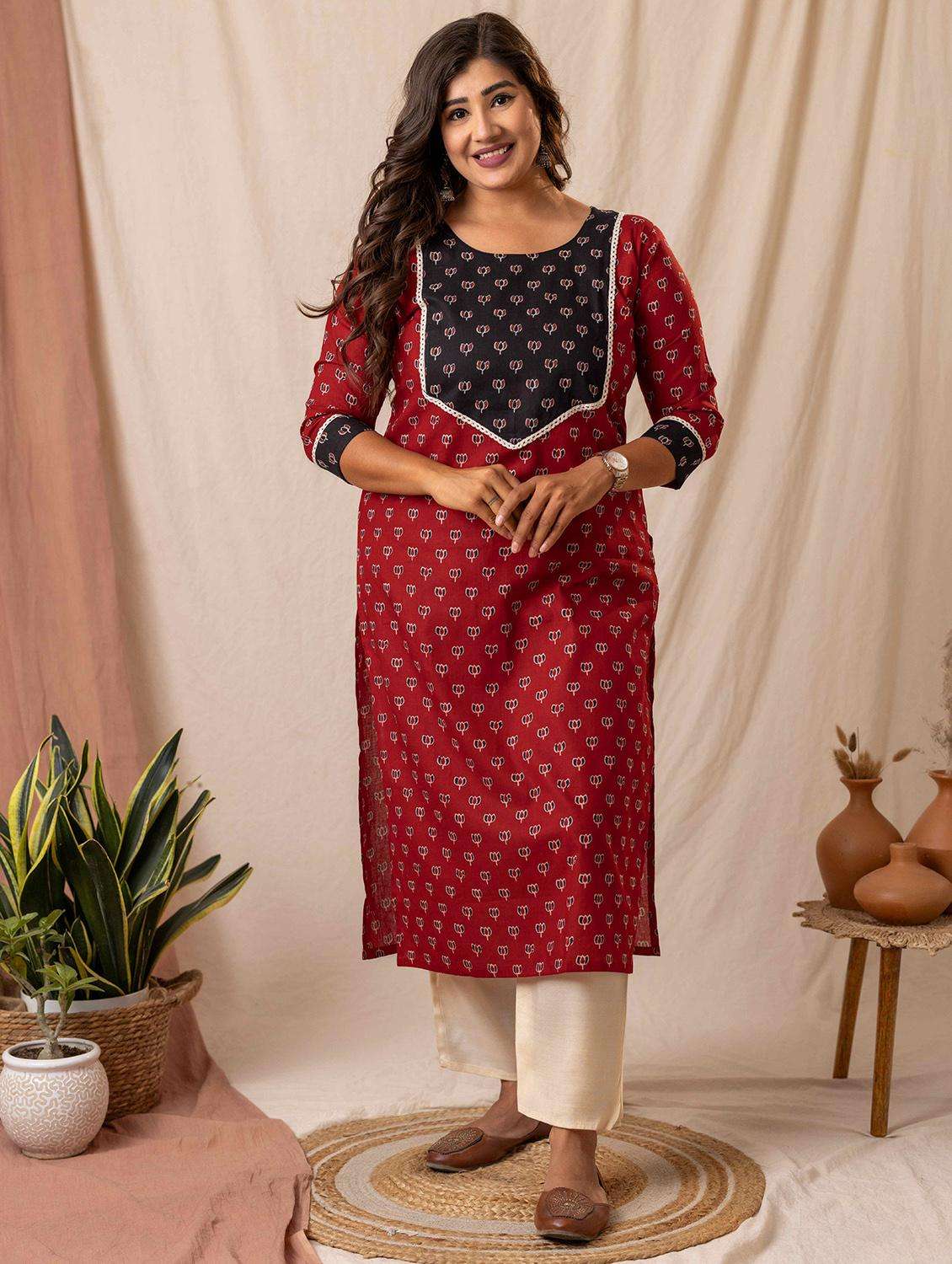 women printed three quarter sleeve straight kurta
