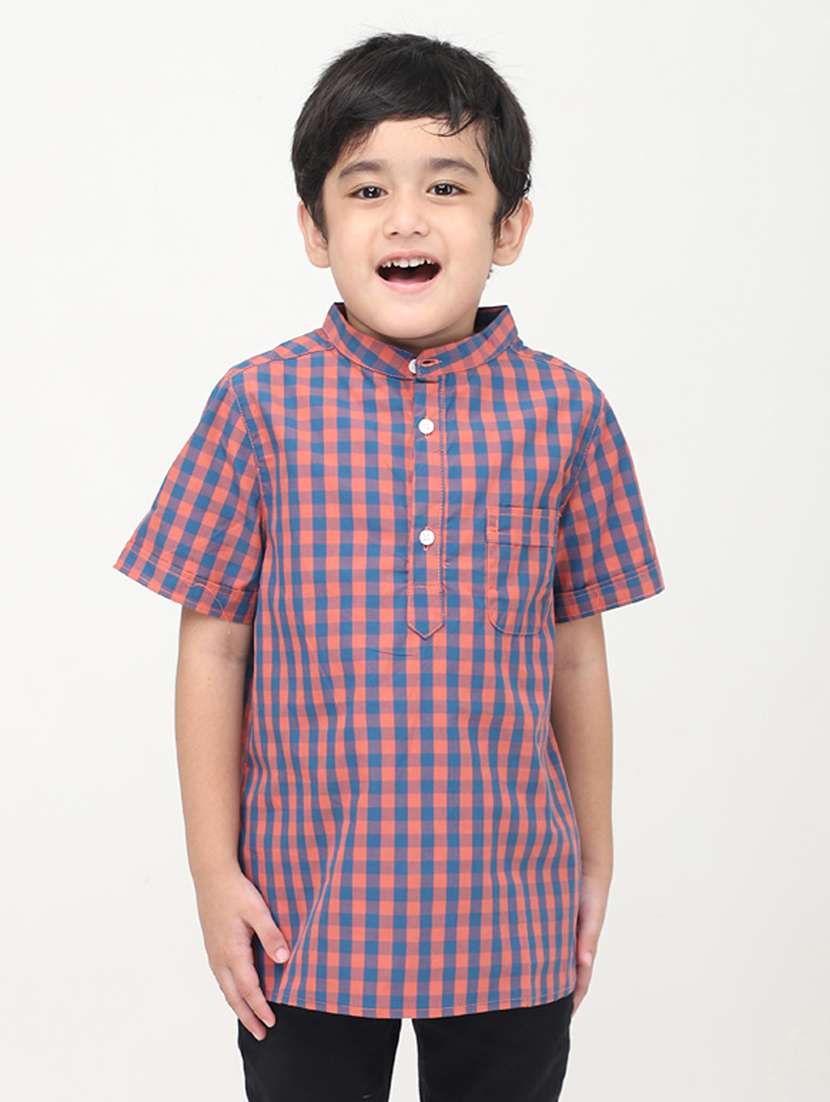 boys checkered short sleeve short kurta