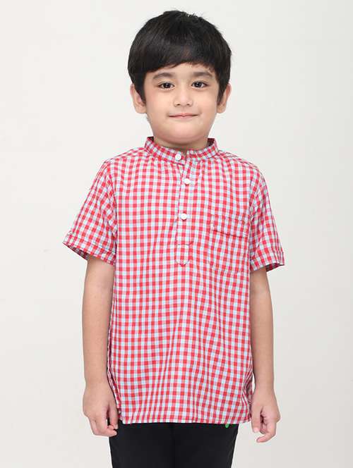 boys checkered mandarin collared short kurta - 22020021 -  Standard Image - 0