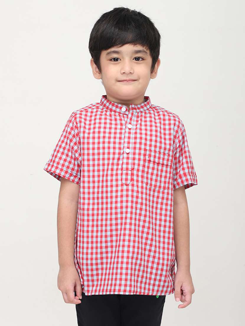 boys checkered mandarin collared short kurta - 22020021 -  Zoom Image - 0