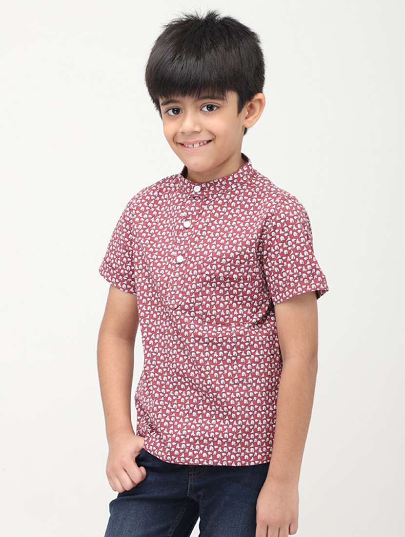 boys printed mandarin collared short kurta - 22020022 -  Zoom Image - 0