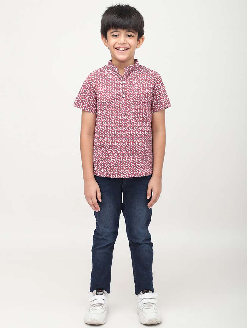 boys printed mandarin collared short kurta - 22020022 - Standard Image - 3