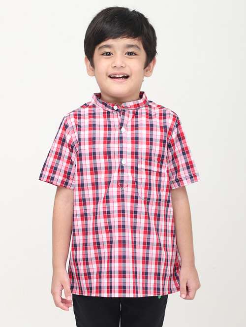 boys checkered mandarin collared short kurta - 22020024 -  Standard Image - 0