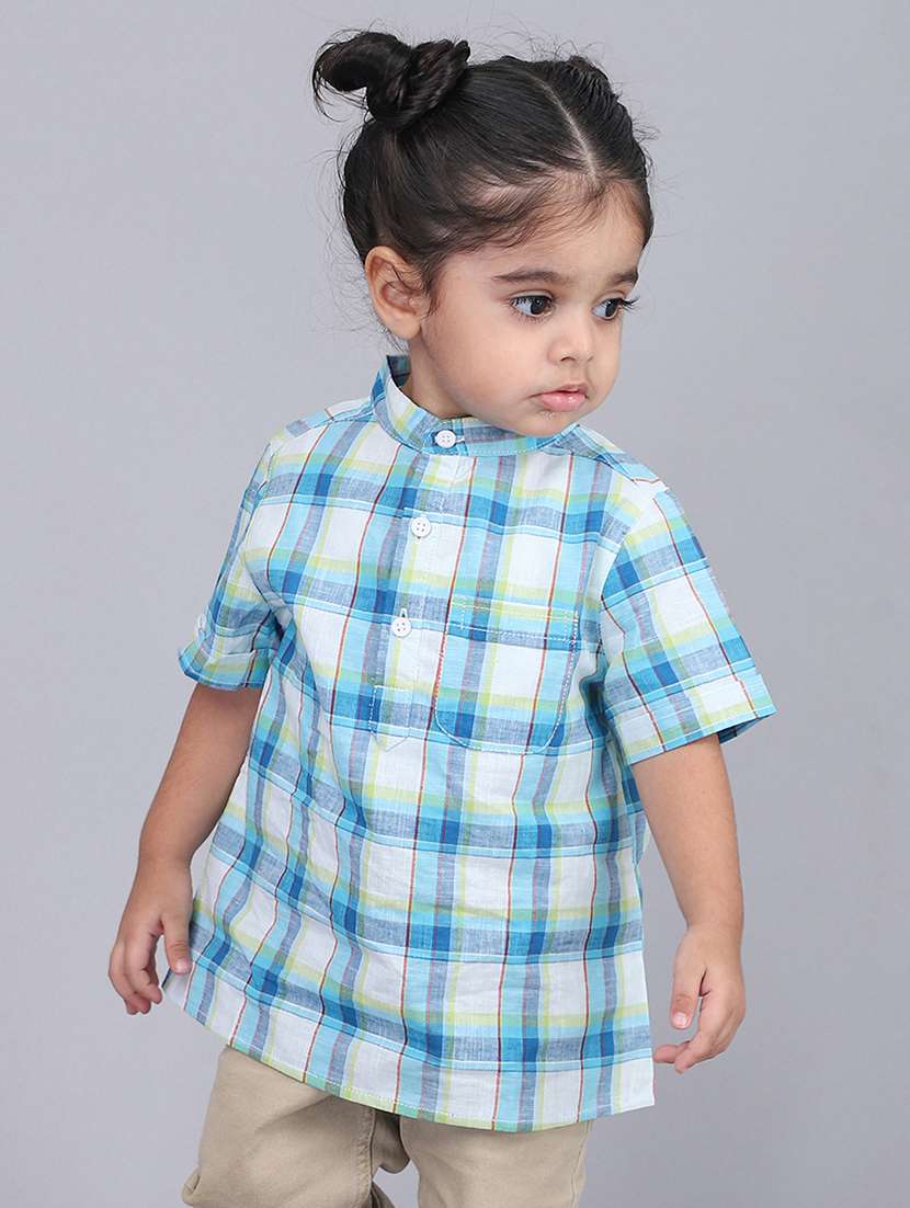 boys checkered mandarin collared short kurta