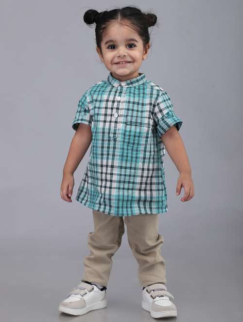 boys checkered mandarin collared short kurta - 22020026 -  Standard Image - 0