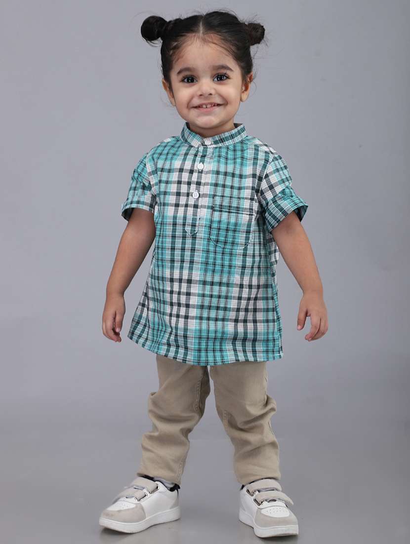 boys checkered mandarin collared short kurta