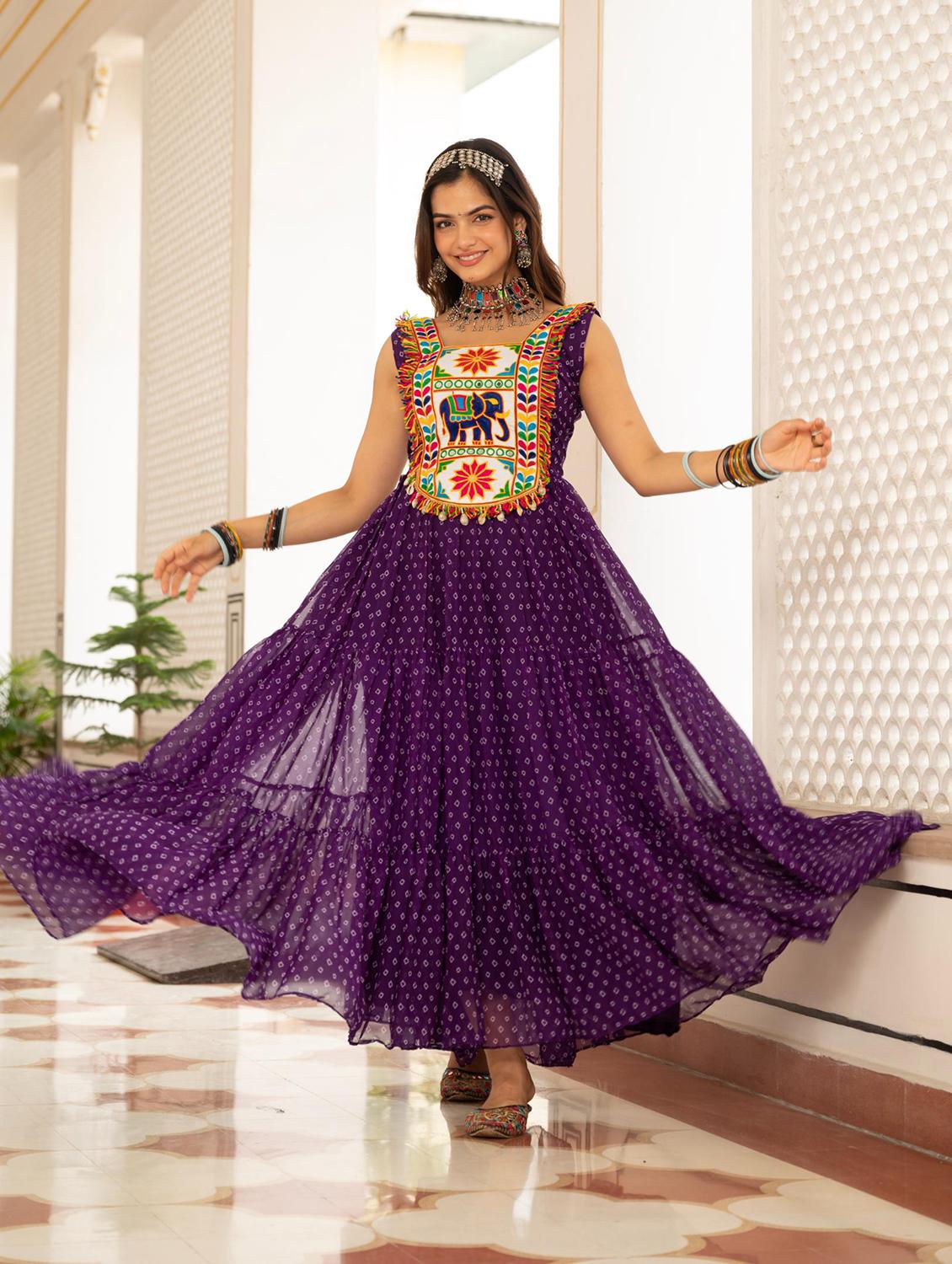 purple georgette fit & flare ethnic dress - 22020031 - Standard Image - 3
