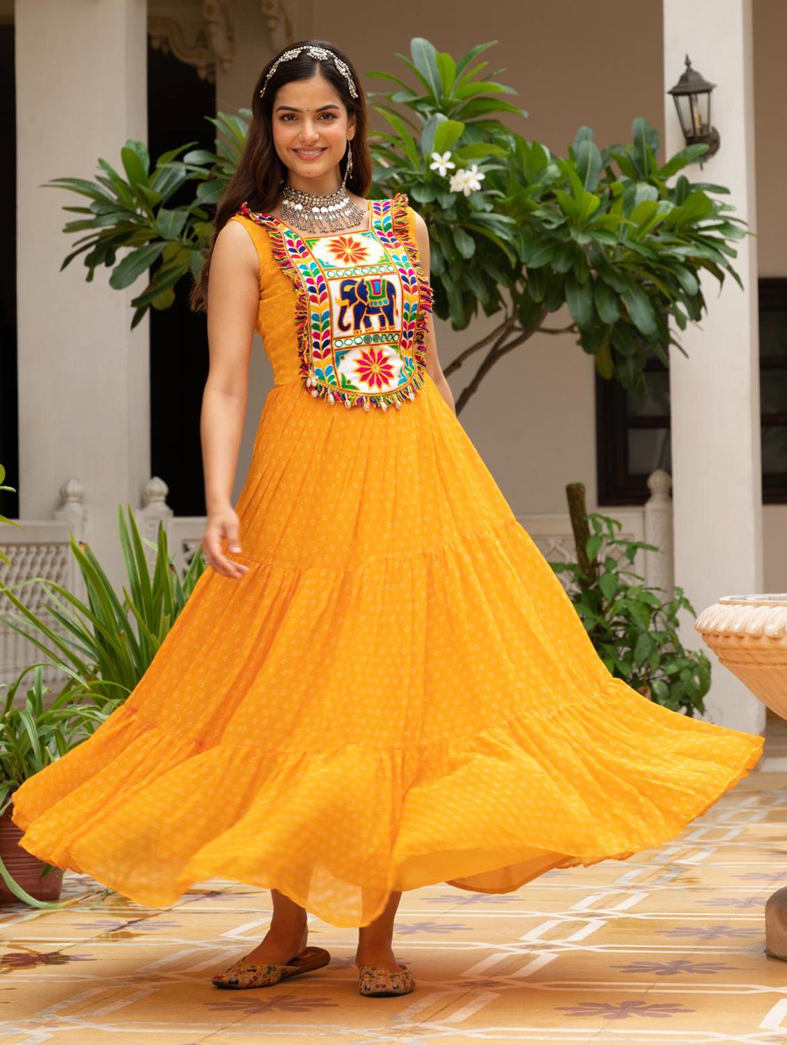 yellow georgette fit & flare ethnic dress - 22020032 - Zoom Image - 0