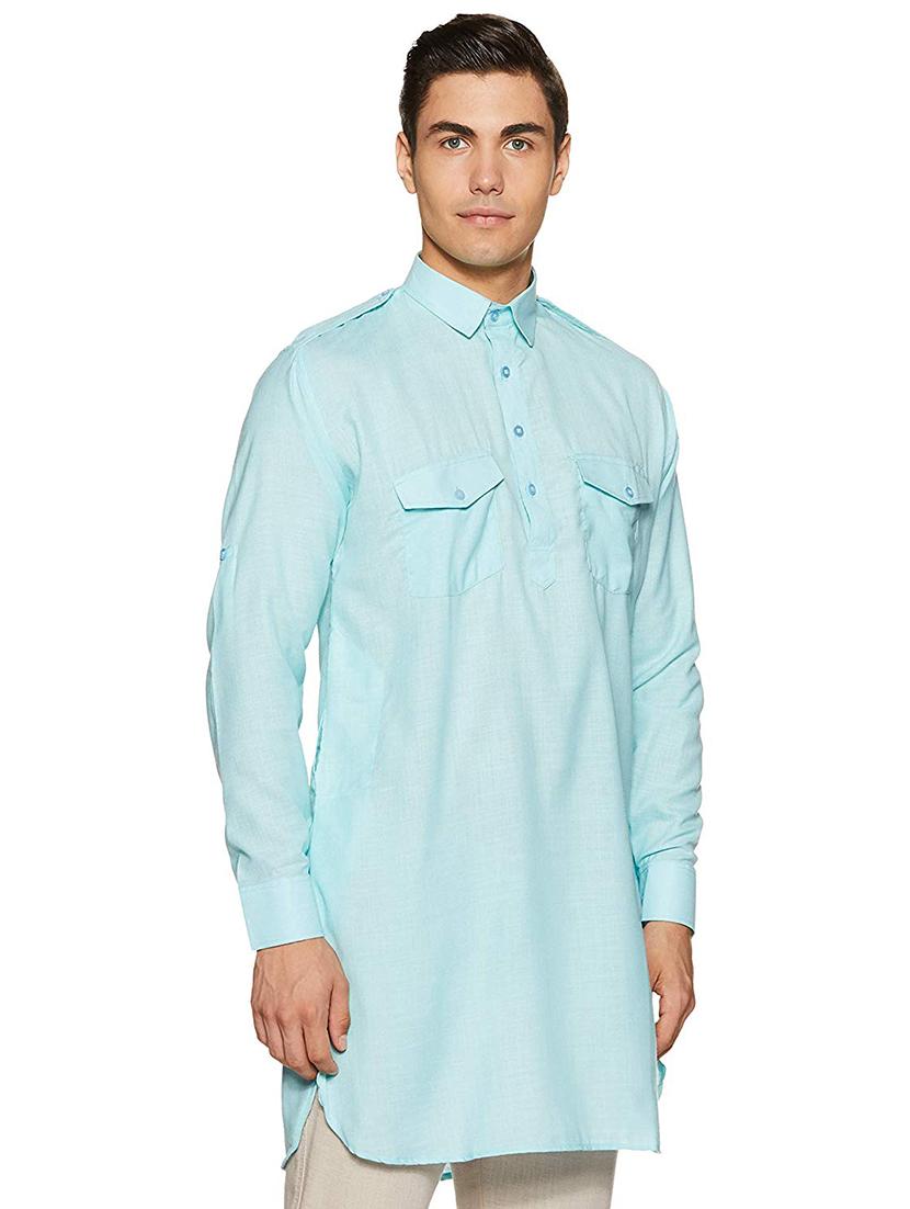men solid long sleeve pathani kurta