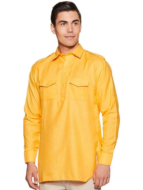 men solid collared long sleeve short kurta - 22020042 -  Standard Image - 0