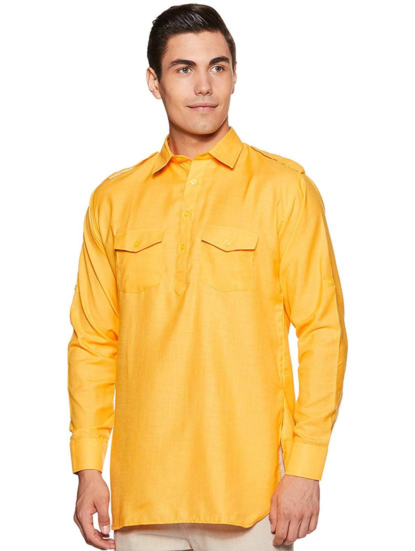men solid collared long sleeve short kurta