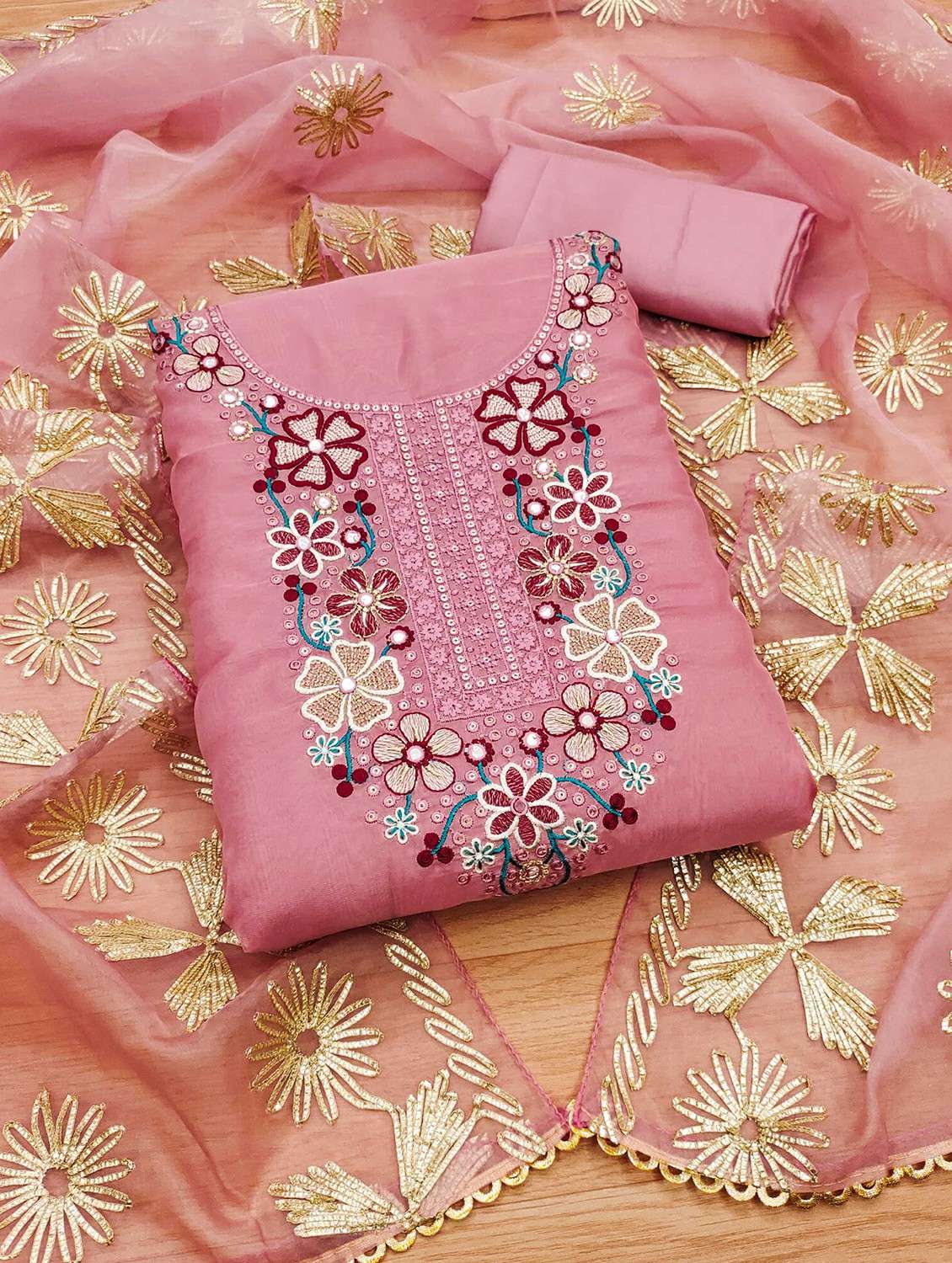 women solid with work embroidered unstitched suit set - 22020741 - Zoom Image - 0