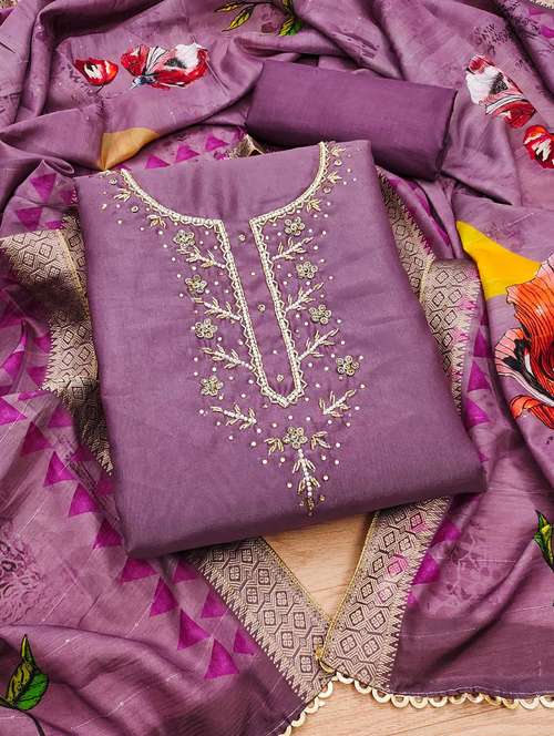 women solid with work embroidered unstitched suit set - 22020743 - Standard Image - 0